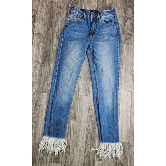 Black Label Denim - Black Label Juniors Size 1 Fringe Hem Whiskered Cropped Denim Blue Jeans